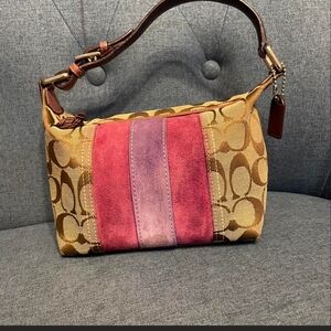 Coach Signature Striped Suede Mini Baguette Bag